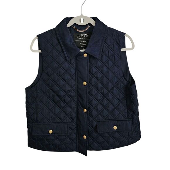 J. Crew Vest Jacket Medium Blue Quilted Barn Corduroy Collar Preppy Gold Buttons - Picture 1 of 12